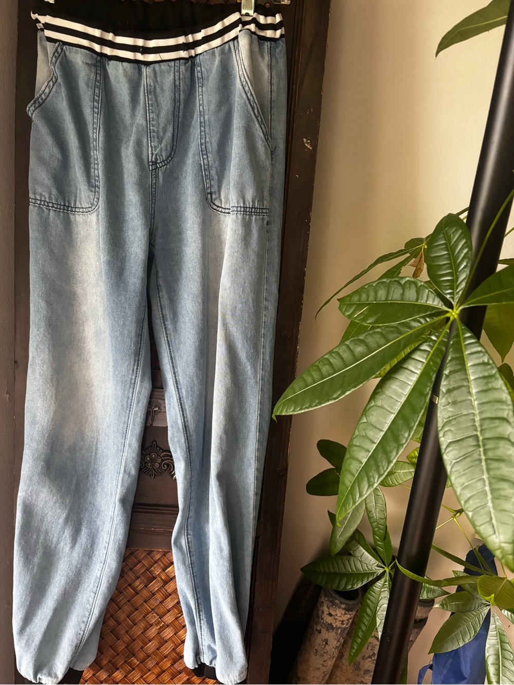 Denim Joggers Women Blue Striped Waistband Jeans size small with ribbed cuffs